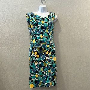 Adrianna Papell Multicolor Teal Blue Yellow Printed Sheath Dress